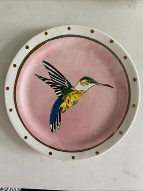 Anthropologie Pink Hummingbird Ceramic Plate with Gold Dot Rim